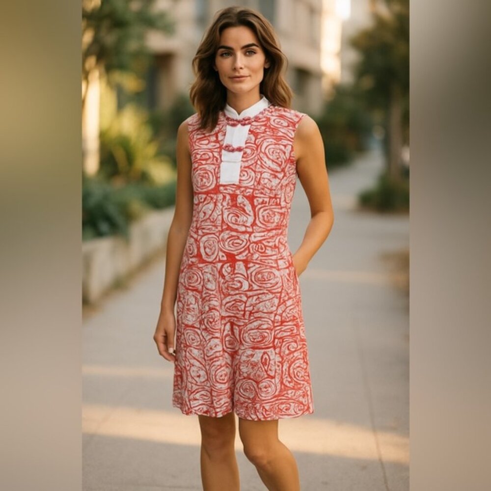 Vintage Evelyn Pearson Dress Frog Button Red White Hawaiian Vacation Size Small